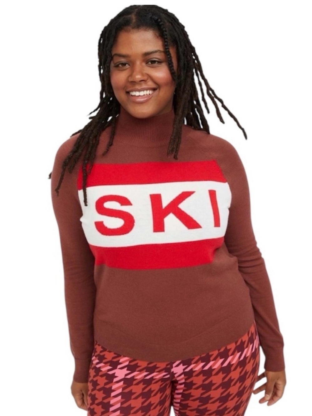 aerie offline Brown Turtleneck Sweater with Red and White 'SKI' Graphic Sz M